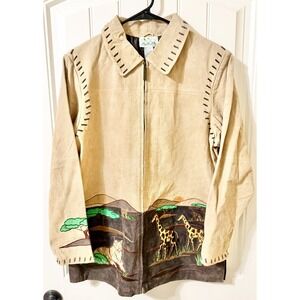 Suede Leather Jacket The Quacker Factory Embroidered Safari Size M